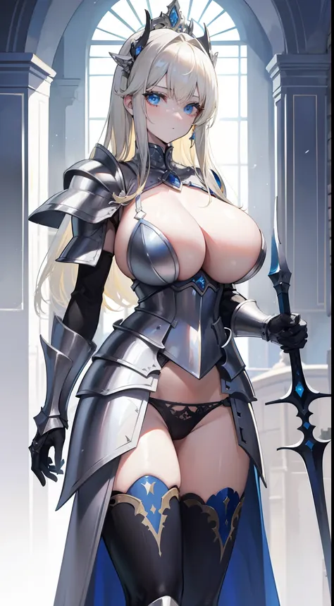 a beauty girl，cabellos largos dorados，blonde with blue eyes，European medieval castles，palaces，Wear gorgeous armor，(Silver armor)，Armor，(holding a long spear)，huge spear，Shoulder pads，Armour，chest plate，Leg nails，(Royal Knights)，(huge tit)，(black lence stoc...