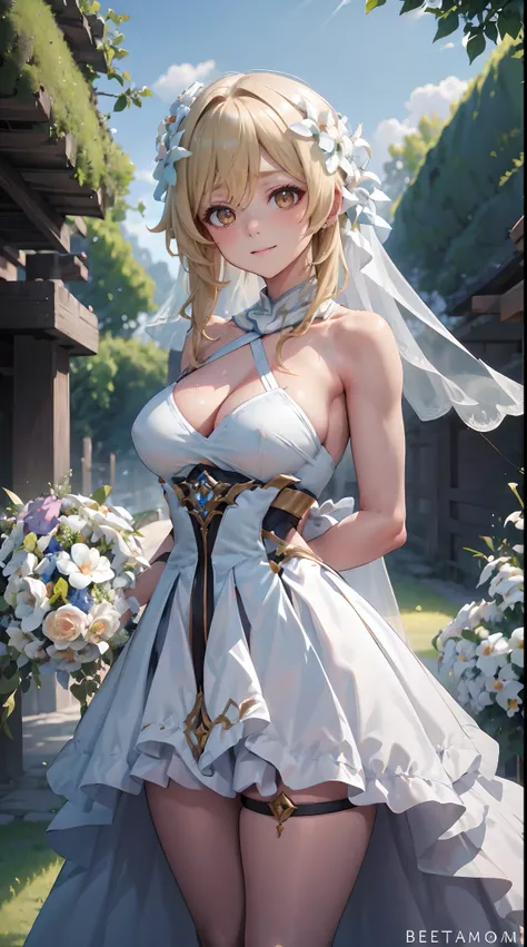 Lumine | genshin impact, master-piece, bestquality, 1girls,25 years old, proportional body, proportional., Wedding Dresses, White Wedding Dress, Long skirt, wedding, mediuml breasts, ,bara, Standing in the middle of a flower garden, outdoor, wedding, The s...