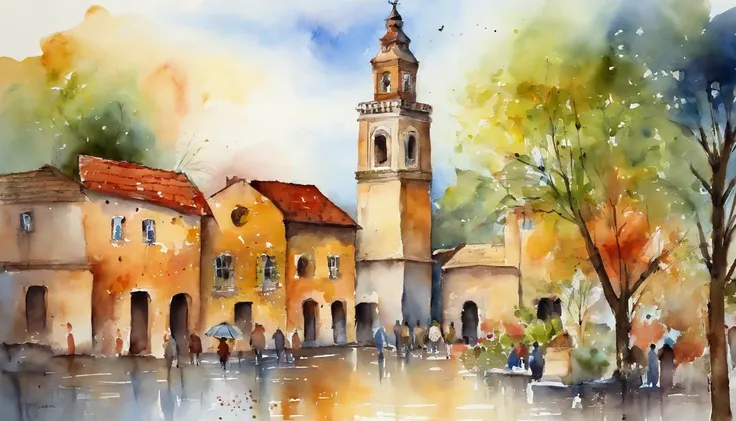 In the square with the clock tower in the center、Celebrating the Harvest Festival、Watercolor Touch、