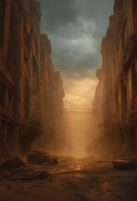 apocalyptic city，ruined buildings，postapocalyptic，Zdzislaw Beksiński，madmax: Fury Road，low key lighting，tmasterpiece，Detailed details，k hd，Tyndall effect