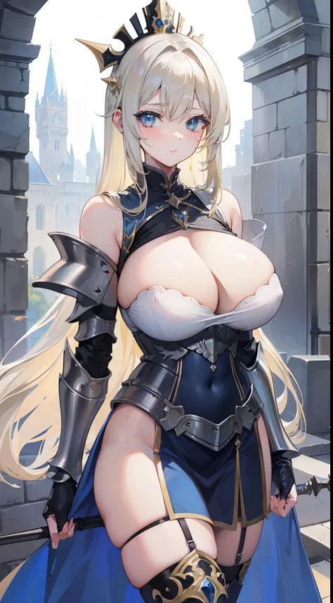 a beauty girl，cabellos largos dorados，blonde with blue eyes，(ssmile)，European medieval castles，palaces，Wear gorgeous armor，(Silver armor)，Armor，(holding a long spear)，huge spear，Shoulder pads，Armour，chest plate，Leg nails，(Royal Knights)，(huge tit)，(black l...