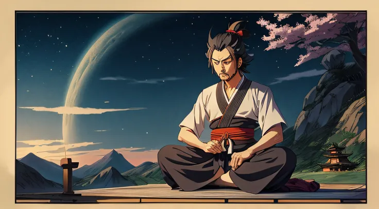 Miyamoto Musashi meditating, manga style drawing, Studio Ghibli