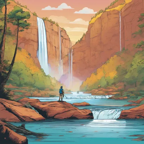 master part, best quality, Draw a scene where Lucas and Boby are standing on the edge of a waterfall. They stare in wonder at the waterfall, while the natural landscape around them is reflected in their awe."