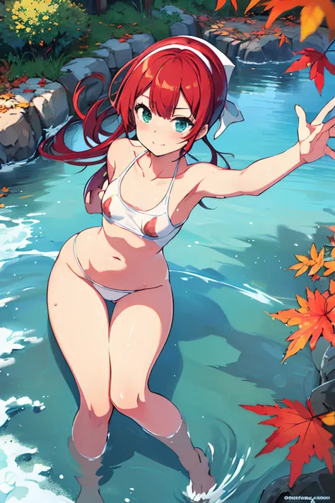 (Best Quality, 8K, masutepiece :1.3),((beautiful boob,Colored leaves,Dynamic Poses,flat chest,a white bikini,Sheer swimsuit)),Highly detailed,(Sweat, Water droplets on the body),outdoor bath