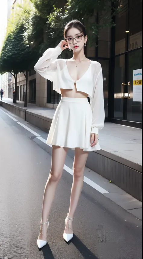 Ultra-clear resolution，top Quority，Wonderful young girl，large glasses，ear studs，Clear  eyes，plain face，Gloss on lips，s the perfect face，White skin，Perfect chest，Slender legs，Random clothes，black heels，street