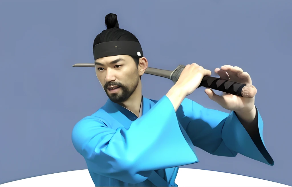 ((Masterpiece)),((Best Quality)),((High Detail)),((realisitic,)) Man with a, midlife, Male in his 40s, single hair, Middle-aged man, Traditional Korean Hanbok, beard, bandeau, s mouth open, angry, Japanese long sword