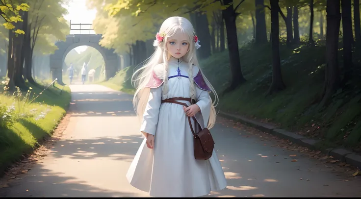 Wallpaper is a path, a beautiful girl name is May, 8-year-old girl with blue eyes, long white hair, wearing a white tunic, On the waist there is a small bag, Hunger