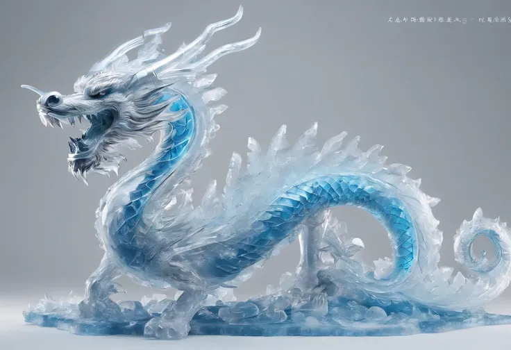 (ice - carving:1)、crystal-clear、Anatomically correct、Circling Chinese dragon、full bodyesbian、Masterpiece ice sculpture Chinese dragon、number art、Interior light and shadow、simply white background、Heavy fog、Long wavy body、fanciful、Frost、chinese dragon concep...