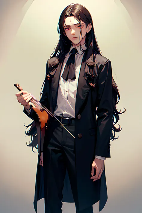 a young male vampire with long, wavy hair solemnly plays his violin. he has an oval-shaped face and large red eyes that are slig...