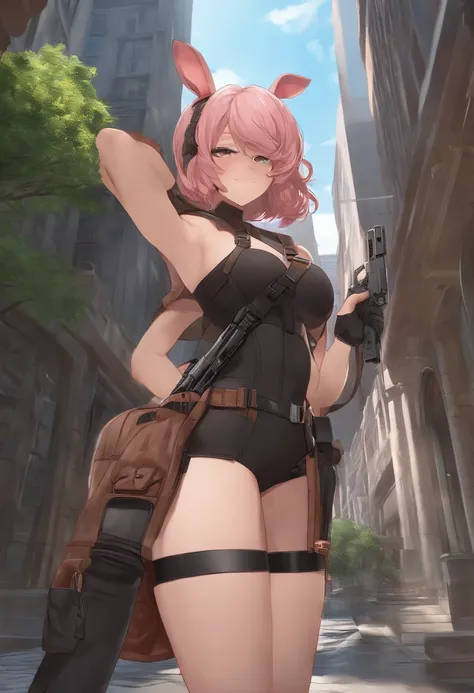 Early morning, city buildings background, sunglasses, red school swimsuit, thick eyebrows, leather backpack, carrying a submachine gun , (dark skin: 1.3), black gloves, brown skin, movie lighting, small, beautiful light pink hair, rabbit ears, (masterpiece...