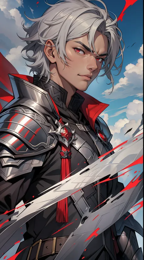 tmasterpiece，Need，超高分辨率，shoun，Black armor，Cloak，musculature，(Short silver-gray hair)，red color eyes，Libido boy,scales，Clouds，Dark  skin