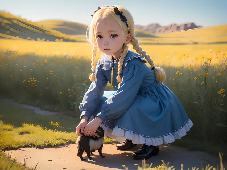 Yellow hair braids，Dorothy, a little girl in a blue and white dress，With little black dog Toto，Play in the Kansas Prairie，Faraway view，cheerfulness