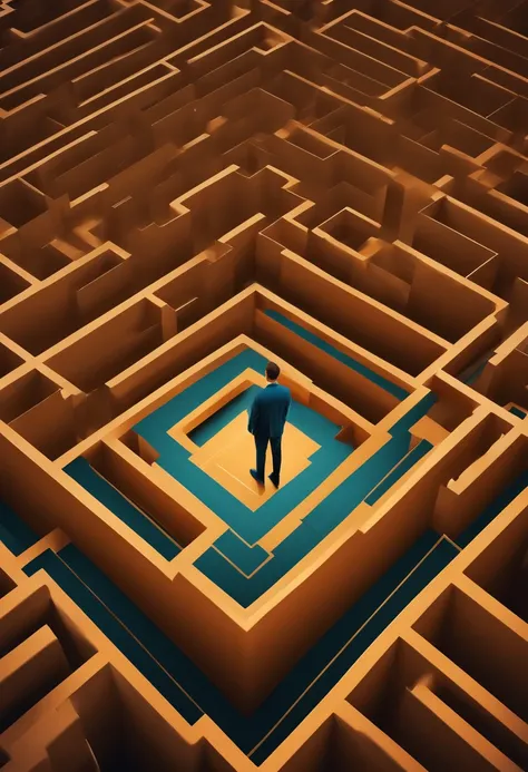 A man standing inside a maze grid, from the top view in vector style, high quality