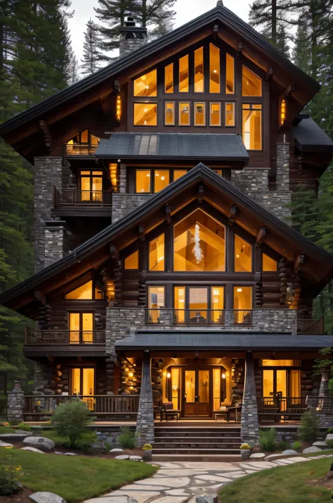 a large house with a stone chimney and a stone chimney, very cozy, log homes, alpine architecture, pristine and clean design, pe...