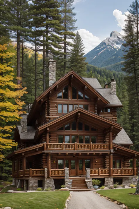 a large house with a stone chimney and a stone chimney, very cozy, log homes, alpine architecture, pristine and clean design, pe...