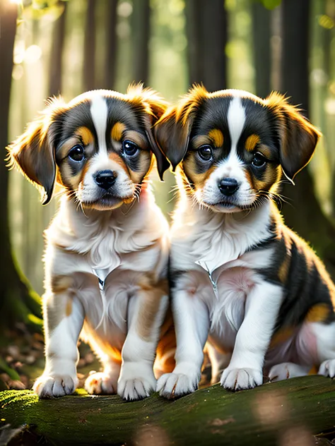 Close-up photo of two very cute puppies in the forest、Soft volume light、(back lighting:1.3)、(cinematic:1.2)、intricate detailes、(art  stations:1.3)、rutkowski　Hair shining gold　Almond Eye　blac hair