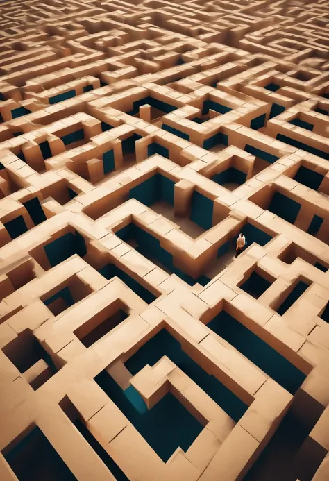 A man standing inside a maze grid, from the birds view in vector, illustration, high quality