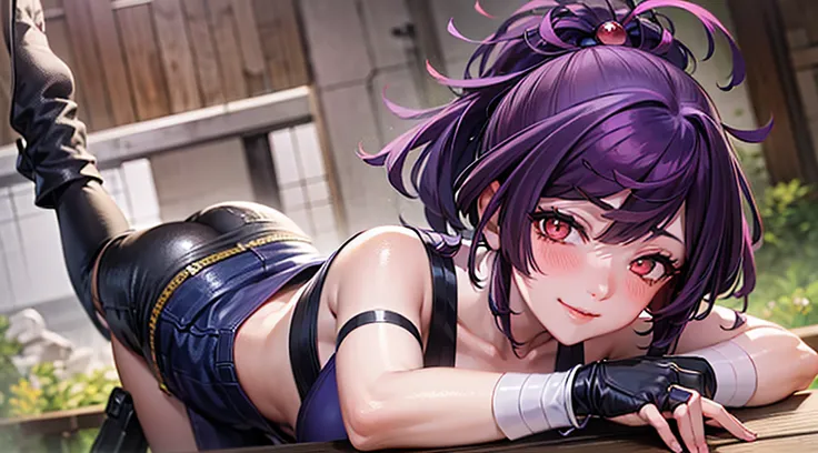 best quality, masterpiece, (leaning over:1.4), 
1girl, yuzuriha_(jigokuraku), purple hair, brown eyes, ninja, open clothes, cleavage, small breasts, topknot, medium hair, breasts apart, seductive smile, pants, undressing,  (blush:1.1),  japanese exterior, ...