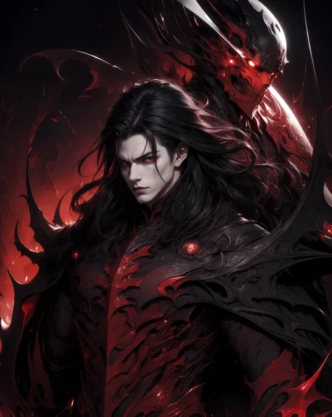 pale skin handsome man, wearing beautiful elegant black_red suit, dark_fantasy, curly long hair, red moon, pixiv, vampire, elega...