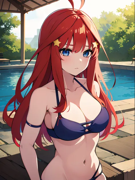 Satsuki Nakano(The Bride of Fifths)、1girl、​masterpiece、top-quality、ultramarine blue eye, long red hair, star hair ornament, crimson sling bikini、ahoge, A sexy、swimming pools、、