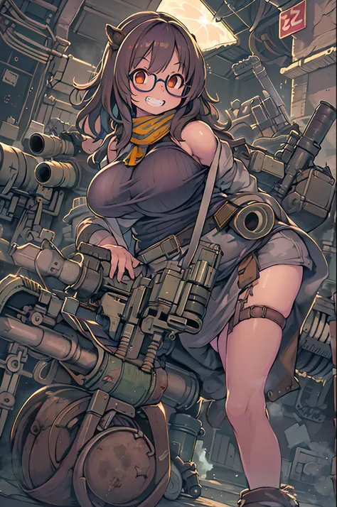 masutepiece, Best Quality, 1girl in, Sharp eyes, Evil smile,rocket launcher、Huge firearms、big round glasses,Camisole、Jagged teeth,Moe、heavy machine gun、machine gun、Churning、big explosion