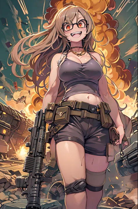 masutepiece, Best Quality, 1girl in, Sharp eyes, Evil smile,rocket launcher、Huge firearms、big round glasses,Camisole、Jagged teeth,Moe、heavy machine gun、machine gun、Churning、big explosion