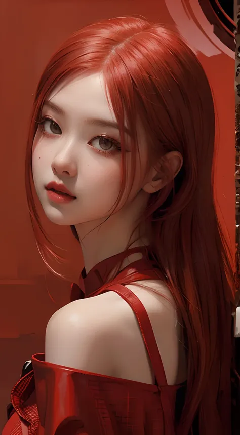 red hair, red dress, red theme, red background