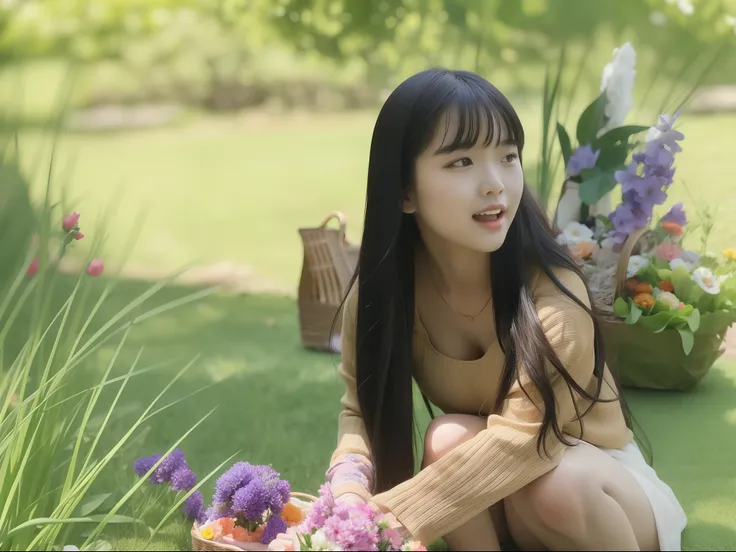 Chinese girl kneeling on the grass，Holding a basket of flowers, A young Asian woman,  sitting with flowers, With flowers, An Asian woman, Asian girl with long hair, Chinese girl, a cute young woman, Asian girl,Sexy and feminine，Full breasts，scantily clad