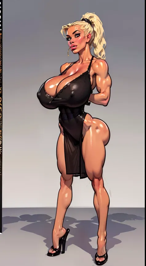 1 woman, (masterpiece)),(((best quality))),((character)), ((full body view)) ((seductive pose)) mature face, defined cheekbones, high cheekbones, illustration, girl, muscular, ((ponytail:1.4)), sexy bimbo, (gigantic breasts:1.7) curly hair, ((detailed face...