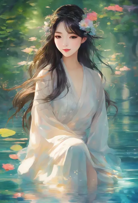 (best quality,photorealistic,ultra high resolution),beautiful young Asian woman, suspend above water level ,ideal body shape,water reflecting sunlight,vivid colors,soft sunlight,peaceful atmosphere,detailed face expression,gentle smile,long flowing hair,gr...