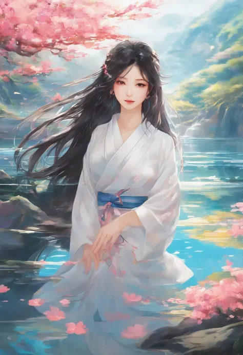 (best quality,photorealistic,ultra high resolution),beautiful young Asian woman, suspend above water level ,ideal body shape,water reflecting sunlight,vivid colors,soft sunlight,peaceful atmosphere,detailed face expression,gentle smile,long flowing hair,gr...