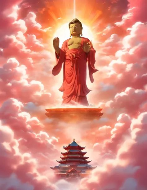 ((masutepiece))，(Best Quality))，china style，In the sky, The clouds form a huge transparent and shining white jade Maitreya Buddha image，Thick clouds，sun shining，Pilgrims on the road，Hyper-realistic，Ultra photo realsisim，Pink，8K，High Definition，high quarity...