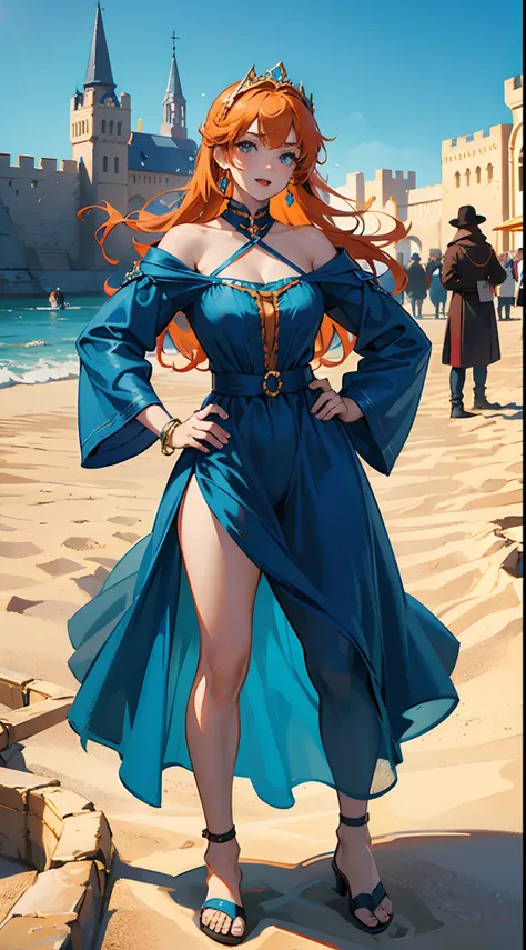 masterpiece, bestquality, bara, 1girls, Orange Hair, blue hair, :D, Orange Dresses, looking at the audience, outdoor, sand, dune, Large Castle, diadem, stand, Full body, cowboy shot, hands on hips, --auto