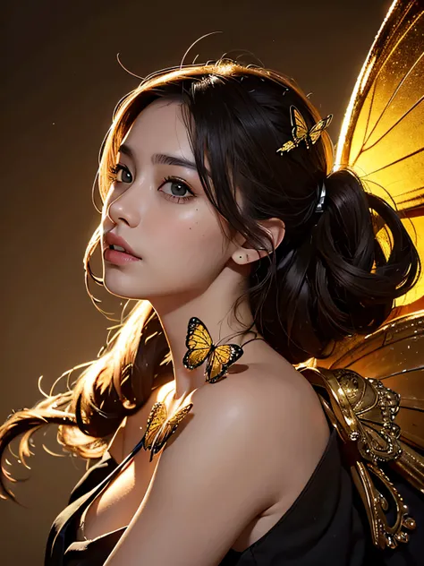 Step into a world of digital photography and art with this stunning portrait of a cyborg, With elegant golden butterfly details and a fascinating side lighting effect. Los detalles intrincados y los elementos surrealistas, inspirado en las obras de Artgerm...