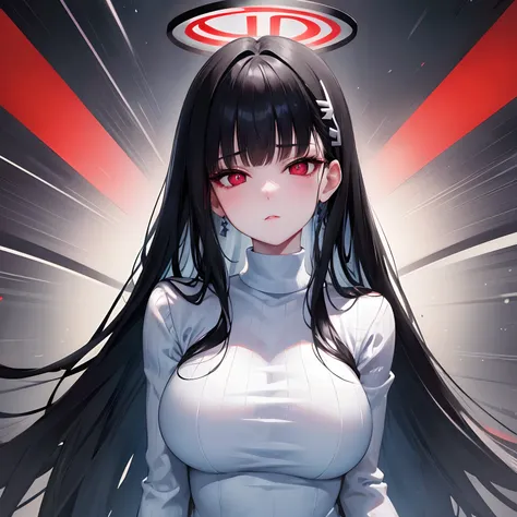 rio, blue archive, black hair, halo halo, red eyes, face focus, mature female, large breast, head focus,white sweater, black sui...