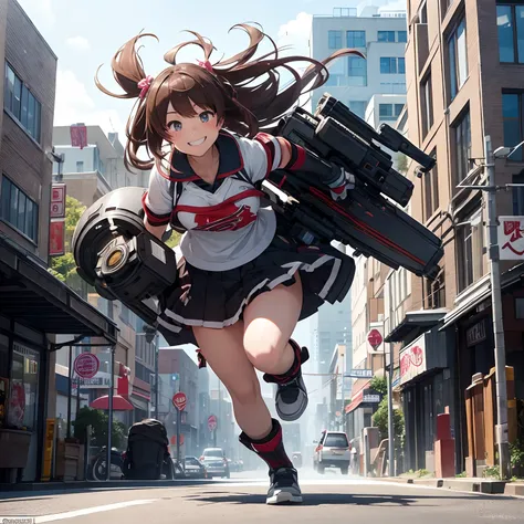 finest image, detailed and delicate depiction, Big character, deformed, A gigantic cute high school girl runs with a smile on her face, stomping and destroying the city