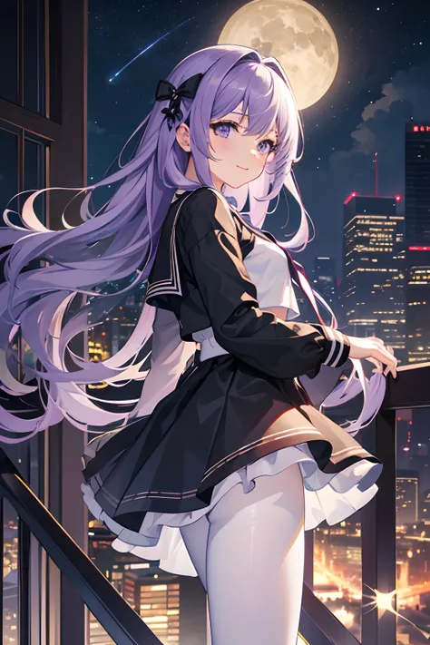 {Masterpiece,Best quality,offcial art,Extremely detailed Cg Unity 8K wallpaper}, Night, stars, Cityscape, Real, Huge_filesize, the wallpaper, Girl, Long hair, Purple hair, Disheveled hair, view the viewer, Laughing, Small breasts, serafuku, Miniskirt,  Whi...