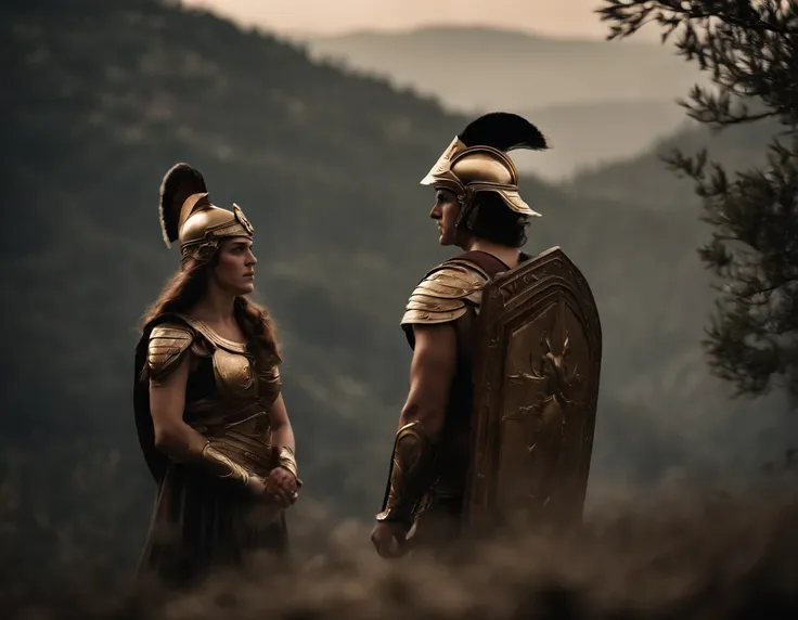 Create a detailed image of Athena in battle with her brother Apollo , no monte olimpo , com uma paisagem em hd ao fundo