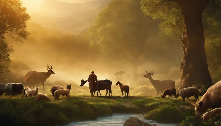 Scene of humans caring for the earth and animals, Symbolizes God-given responsibility.high-level image quality