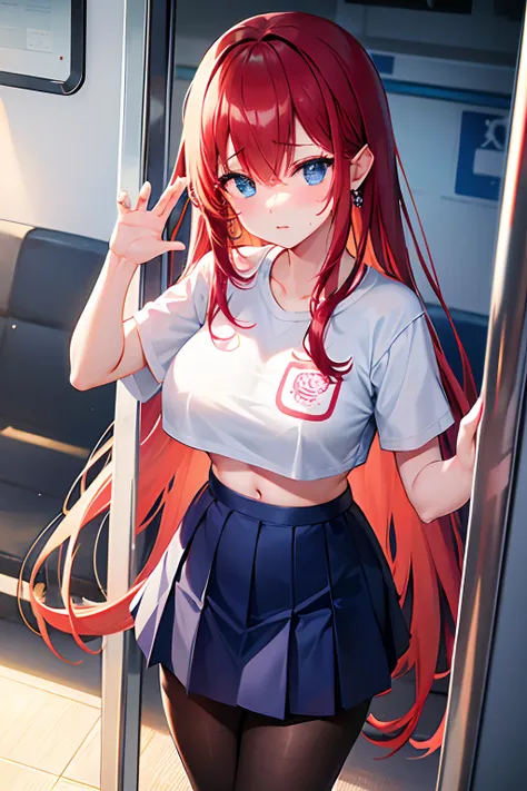 Reflection of the rising sun　On the train　is standing、full of sweat、School gym clothes　white colors、cyan colors　buruma、Black lace　pantyhose、Navel Ejection、 Red-haired　Wave Long Hair　Twin-tailed、Colossal tits　Whip whip、sapphire earrings、Blue eyes、embarassed...