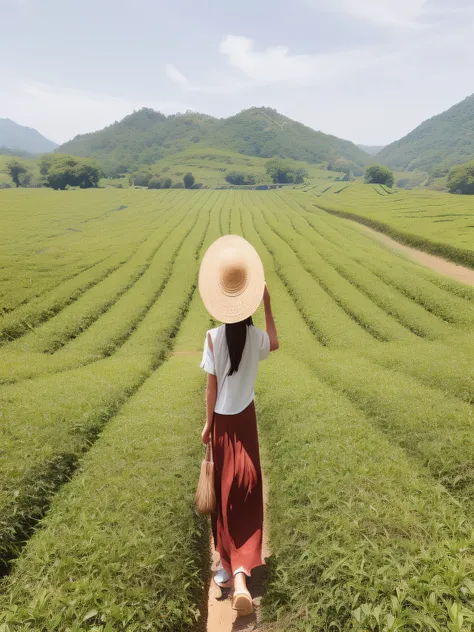 An Aalfid woman in a straw hat walks through a tea field, Shot on Sony A 7 III, shot on nikon z9, shot on a Canon EOS R5, shot on canon eos r 5, shot with canon eoa 6 d mark ii, standing in flower field, Shot on Canon EOS R 6, idyllic and fruitful land