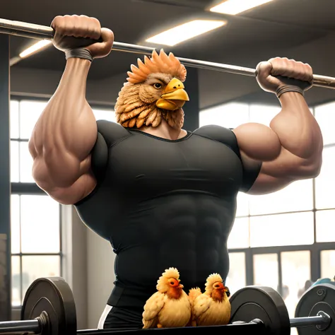 A Buff chicken  lifting weights in a gym Los Angeles