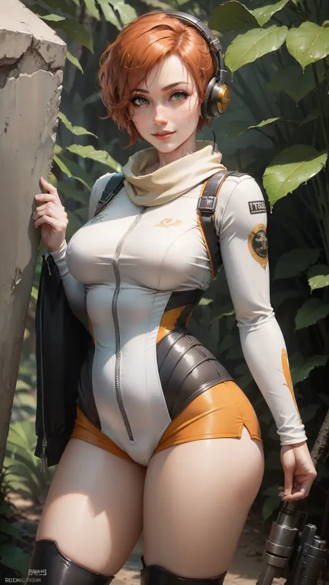 gwen tennyson,tracer,chun-li,rebecca chambers,tomb raider,overwatch,1girl, close up,mecha pilot,mayan jungle,red and white plugsuit,hair pin,pirate corset,white long sleeve lycra top,silver lycra micro shorts,short hair,cute makeup,green eyes,orange and go...