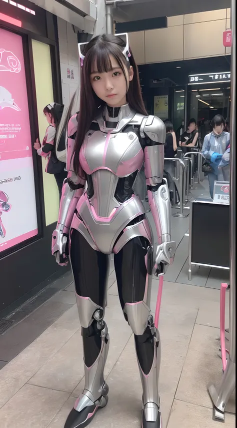 (Photorealistic: 1.4), 1 girl, (Best Quality), (Ultra-detailed face), (ultra-well-formed face), (((Robot Parts)), (Cyborg girl), (Pink), (Silver), (metalic), (full body Esbian), (Moe Pose), (Thin), (), (Model body type), (mecha exposure), (akihabara), (loo...