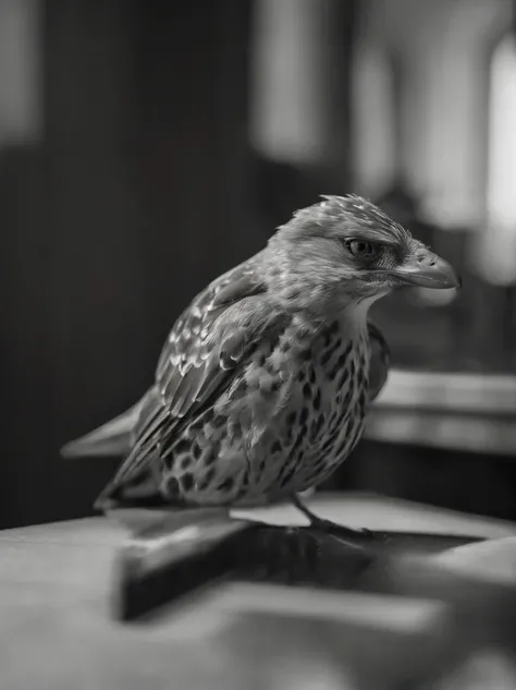 Step into the realm of surveillance with this intriguing photograph featuring a bird-shaped:2 monitor. Its eyes, cleverly disguised as lenses, serve as the obvious focal points capturing every detail in its surroundings. The composition utilizes a combinat...