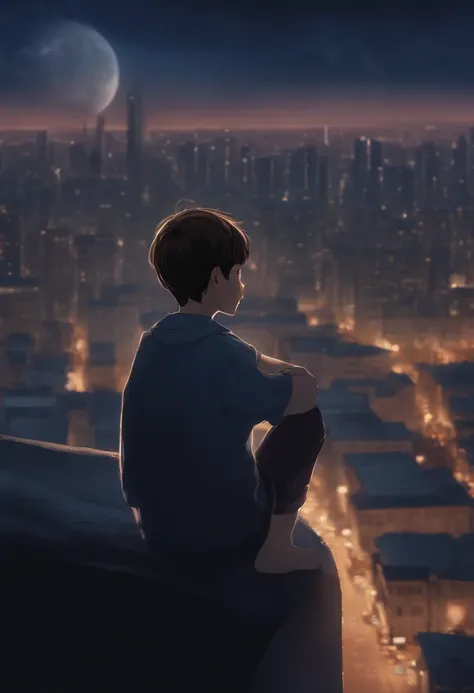 masterpiece, best quality, high quality, 1boy, solo, male focus, looking in distance, denji, crying, night sky, city, pochita, dead, sadness, comet, retro