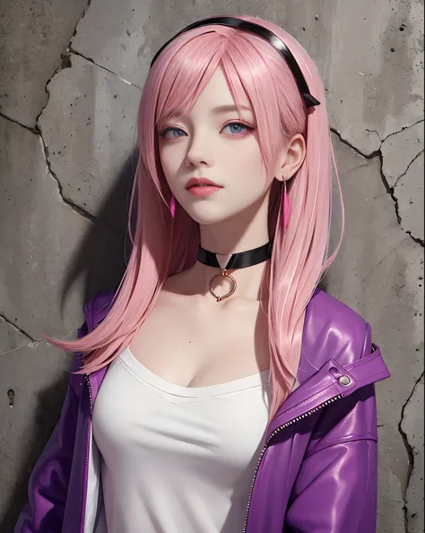 (Masterpiece, Best Quality, 1Girl, Solo, intriciate detail, chromatic aberration), realisitic, ((medium breath)),Long hair, Pink hair, red headdress, Pink Highlights, hair above one eye,Purple eyes, Earrings, sharp eyes, Choker, neon shirt, Open Jacket, Cr...