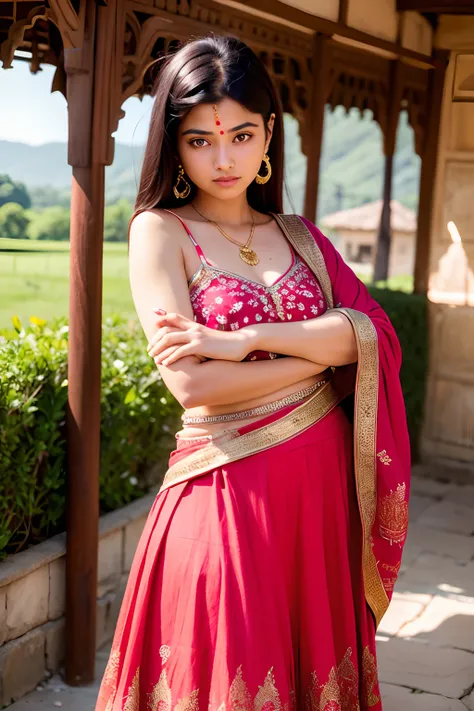 young Rajasthan girl, 18-year-old,  gentle sun lighting on face , village mood , Ghagra and Choli, silk cloth, cloth is transperent , village girl vibe, intricate facial details, full body picture, cinimatic pose flawless complexion, top-notch 3D rendering...