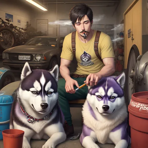 Husky smoking weed at mechanic shop