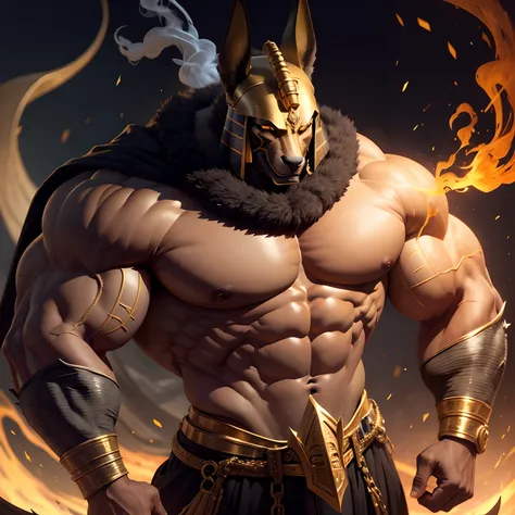 Anubis the egyptian god muscled  with huge torso , huge arms ,huge  pecs , huge lesgs , in smoking  full body